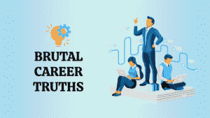 Illustrated concept of professionals reflecting on their career growth, featuring a confident leader standing beside two team members working on laptops, symbolizing awareness, leadership, and learning.