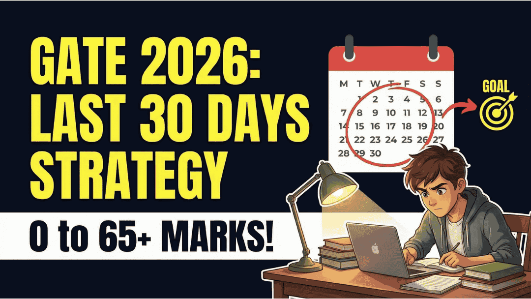 Animated student studying at a desk with a 30-day countdown calendar for GATE 2026 preparation strategy.